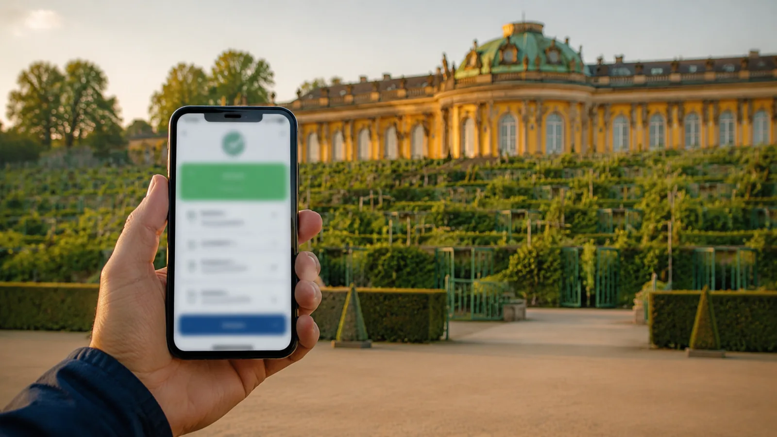 The Ehrenhof entrance of Sanssouci Palace, where the timed slot is checked